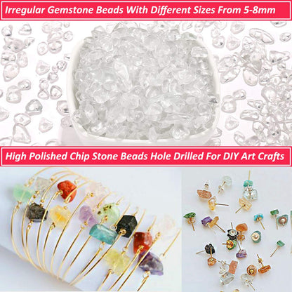 420PCS Chip Stone Beads Clear Crystal Quartz, Irregular Gemstones Healing Crystal Loose Beads Crushed Chunked Crystal Pieces Hole Drilled for DIY Art Crafts Jewelry Making (Clear Crystal Quartz)