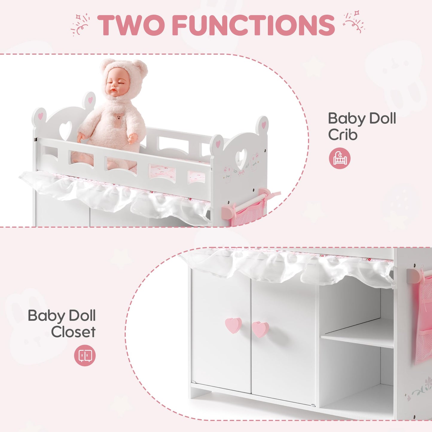 ROBUD Baby Doll Crib, Wooden Doll Bed, Baby Crib Toy with Storage, Bedding, Storage Bag and 3 Hooks, 18-21 inch Doll Accessories, Girl Doll Furniture Ages 3+ (White)