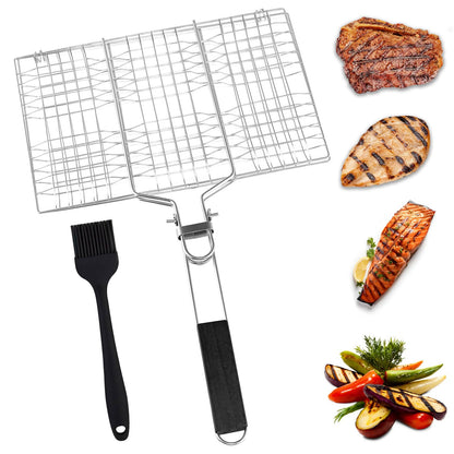 BBQ Fish Grill Basket with Basting Brush – 20.5"x13.5" Lockable Nonstick Grilling Basket with Beech Wood Handle, Chrome-Plated Carbon Steel Mesh for Fish, Meat, Vegetables