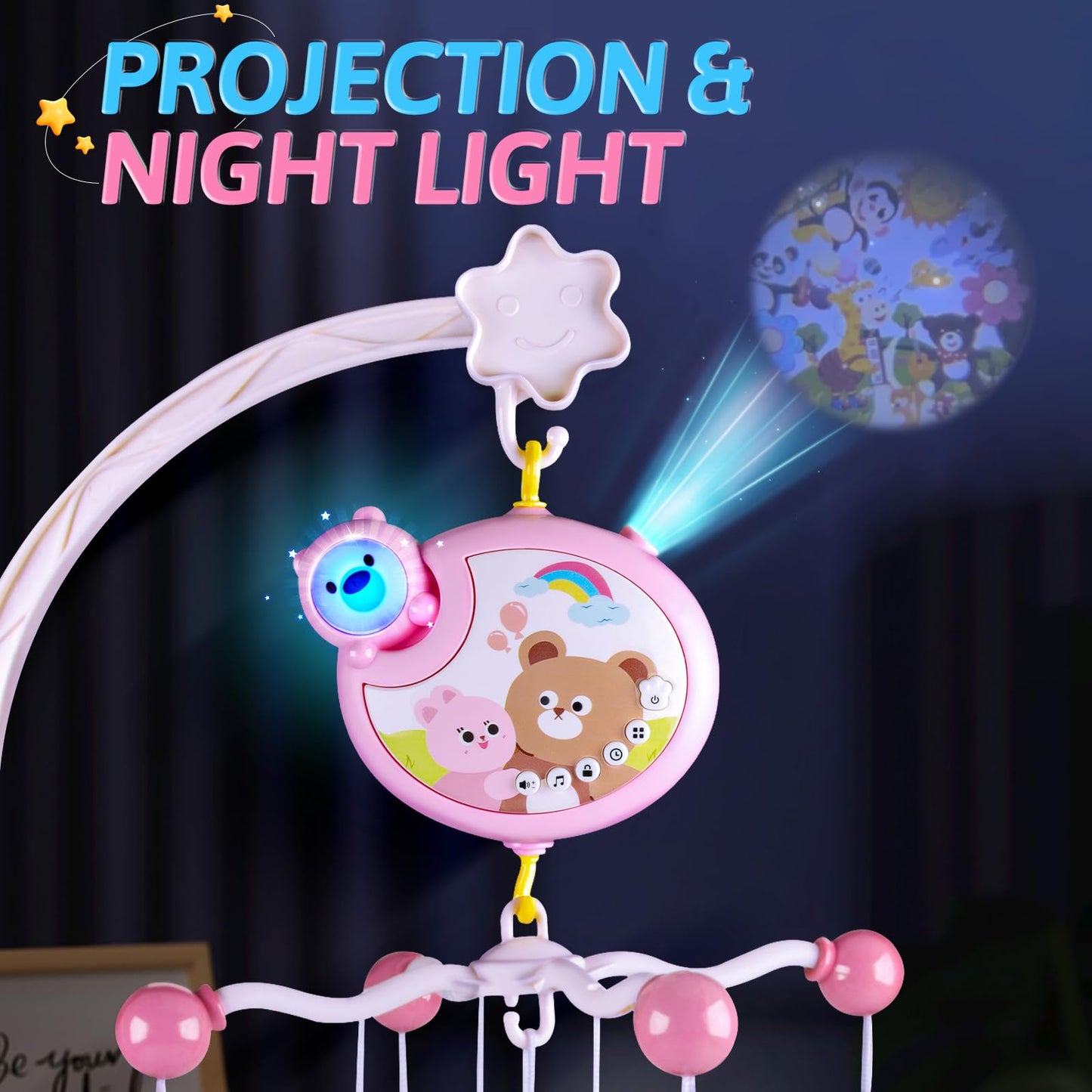 RSEPD Crib Mobile with Music and Lights, Baby Mobiles for Cribs, Nursery Musical Mobile for Bassinets Toys Hanging Girls Boys, Pack and Play Space Portable Animal Mobile Hanger Arm Clip On Attachment
