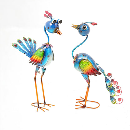 Ultym 22.5" Metal Peacock Garden Statues Set of 2, Whimsical Hand-Painted Cartoon Birds, Blue & Rainbow Yard Art for Patio Lawn, Indoor Shelf Decor, Unique Gift for Women