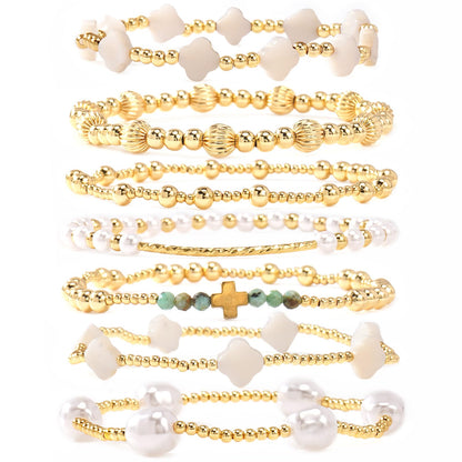 SHINUS BOHO 14K Gold Beaded Cross White Clover Pearl Stackable Bracelets for Women,7PCS Handmade Gold Beads Stretch Bracelets Stack Fashion Holiday Prom Jewelry Accessories Mothers Day Gifts Gift Friendship
