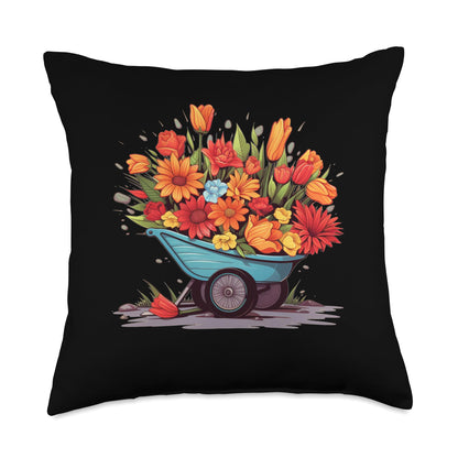 Funny Wheelbarrow Flowers Pretty Spring Flowers in Wheelbarrow Throw Pillow, 18x18, Multicolor