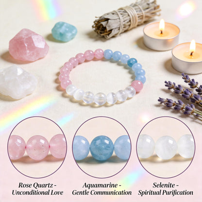 Bivei Love Bracelet, Strength Crystal Healing Bracelet 8MM with Rose Quartz & Aquamarine & Selenite - Spiritual Stretch Beaded Jewelry for Women Men Gift