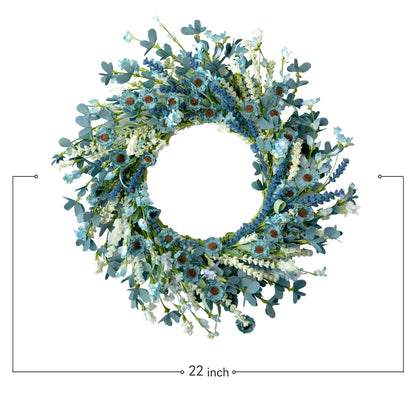 Bibelot 22 Inch Spring Wreath Blue with Green Leaves Wreaths Blue Daisy Artificial Grains White Flower Wreath for Front Door Wreaths,Farmhouse Decor Indoor&Outdoor Wedding Wall Home Decor