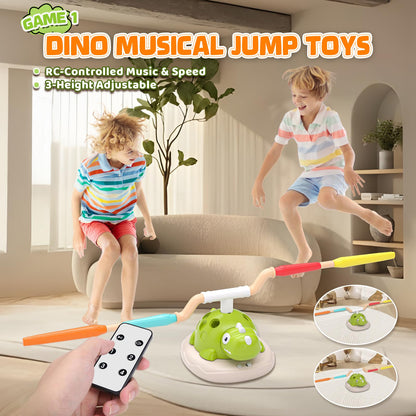3 in 1 Dinosaur Rocket Launcher Musical Jump Toss Ring Game and Stomping Toys for Kids Outdoor with Remote Control, Indoor Outside Toy for Boys Girls 3-13 Toys for Ages 5 6 7 8 9 10 11 Birthday Gifts