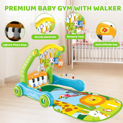 4-in-1 Baby Gym Play Mat with Learning Walker, Tummy Time Mat & Baby Push Toys for Newborn Infant 0-3-6-9-12 Month Boy Girl, Babies Activity Center with Play Piano & Lights, Ideal Toddler Baby Gifts