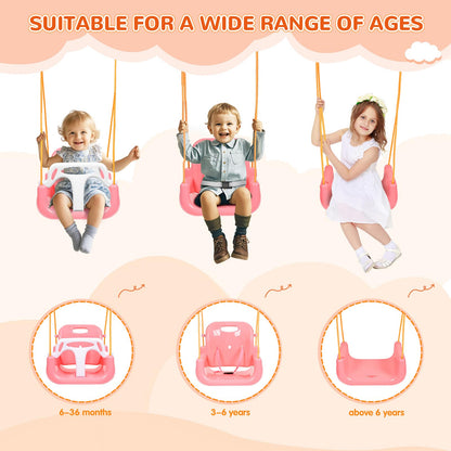 3-in-1 Toddler Swing Set, Indoor & Outdoor Baby Swing Heavy Duty Swing Set with Foldable Metal Stand for Aged 6 Months to 10 Years Old, Easy to Assemble and Store (Pink)