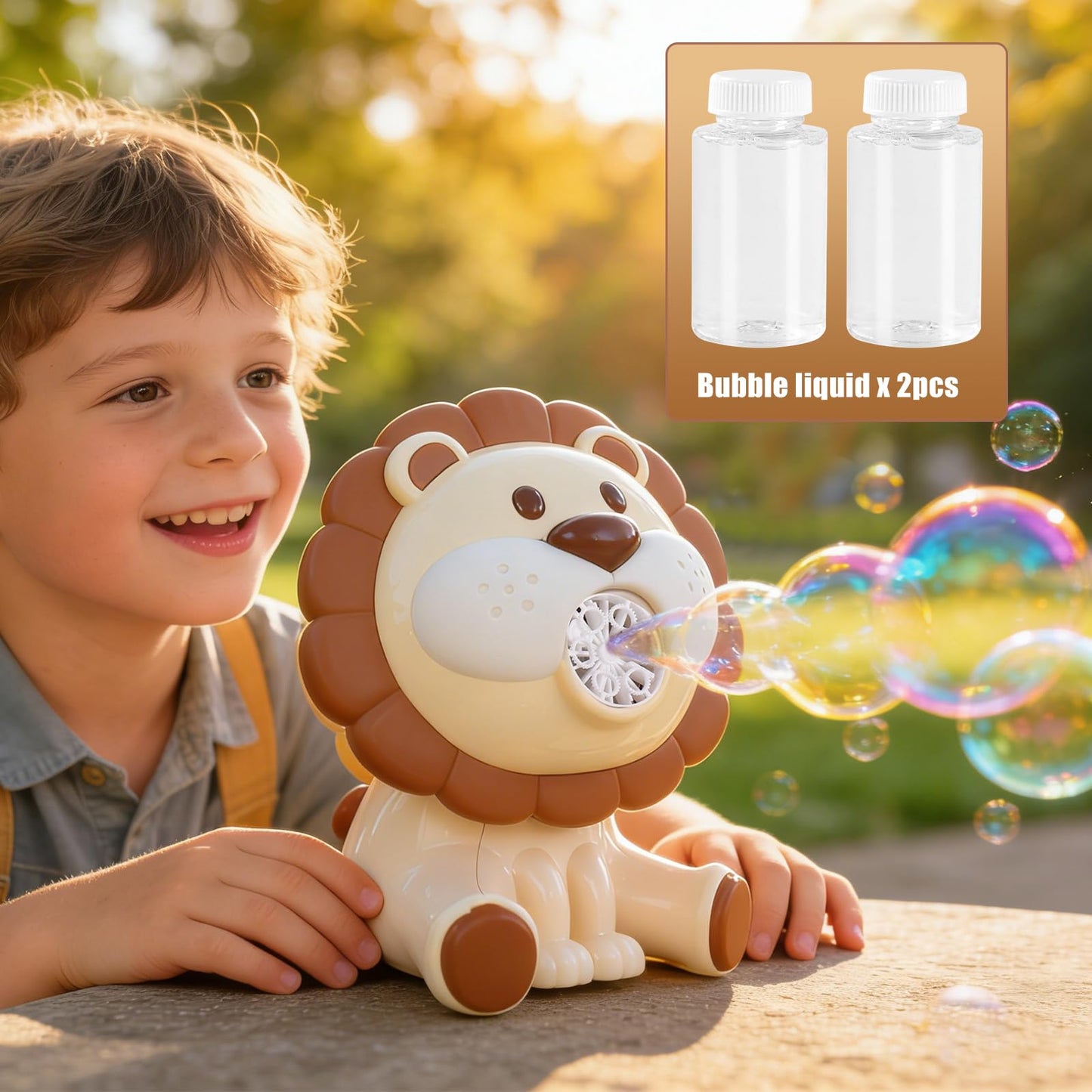 Lion Automatic Bubble Machine for Toddler Kid Toy 1 2 3 4 5 6 7 8 1yr Year Old Little Girl Boy Gift Lawn Mover Maker Blower Summer Outdoor Push Toys Rechargeable Easter Christmas Birthday Present