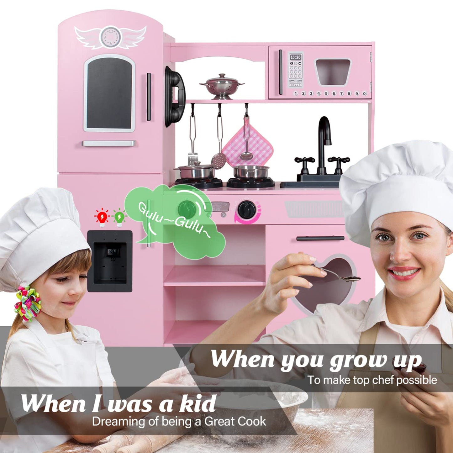 TaoHFE Play Kitchen, Pink Kids Kitchen Set for Girls Kitchen Set for Kids Ages 6-8 Gift Toddler Kitchen Set for Kid Age 3+ Kitchen Playset with Lights & Sounds Wooden Toy Kitchen Playset Gift
