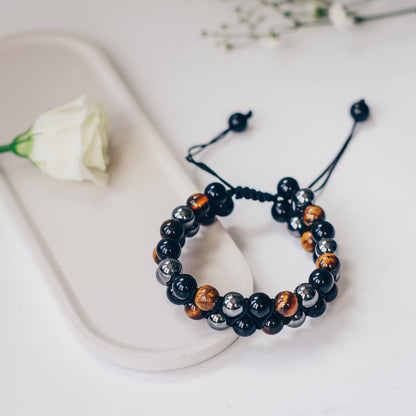 Crystal Vibe 8mm Triple Protection Bracelet - Beaded Bracelet with Natural Stones of Tiger Eye, Hematite, Black Obsidian - Elastic Adjustable Crystal Bracelet for Anxiety Relief, Spiritual Healing
