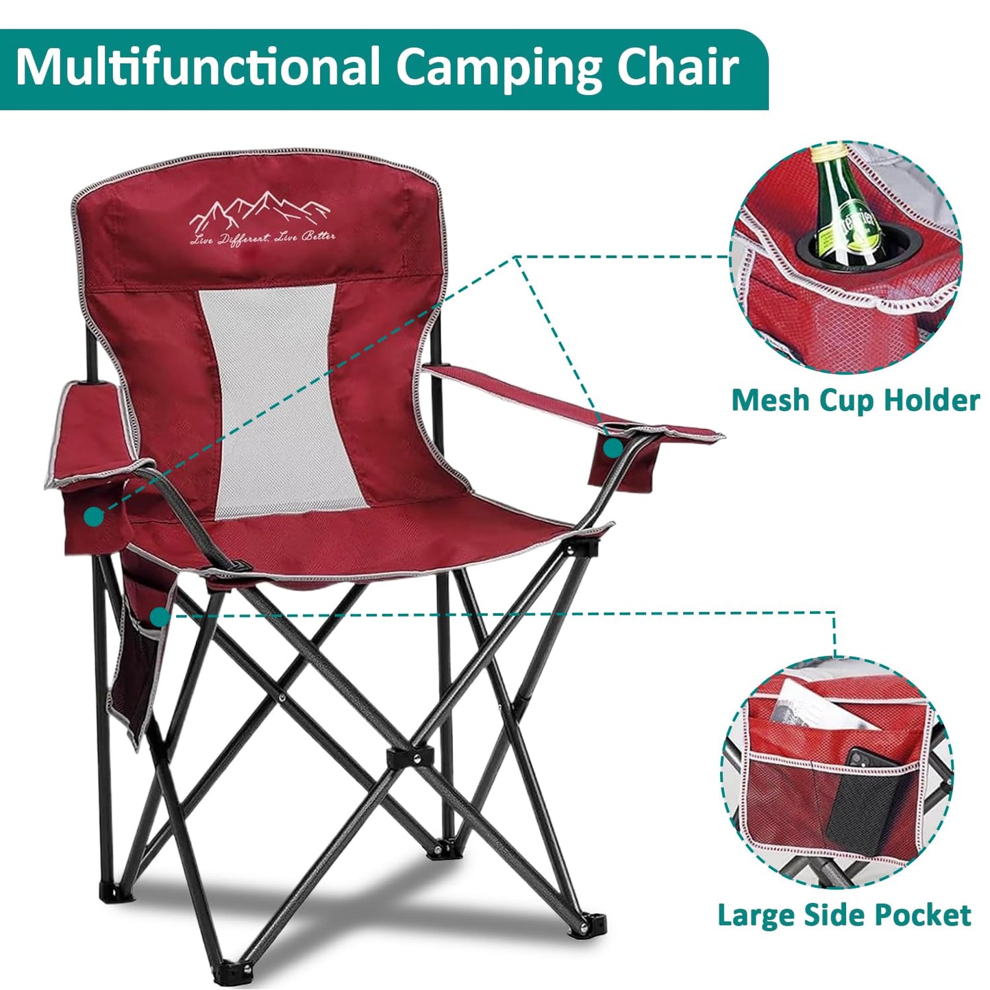 SAILARY Outdoor Folding Camping Chair with Cup Holder, Storage Bag, Large Anti-Sink Feet, 400lbs Capacity, Breathable Mesh Portable Chair for Camping, Beach, Fishing, Sports, Red