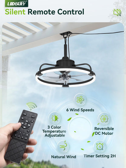 LEDIARY 20" Outdoor Ceiling Fan with Lights, IP65 Waterproof Gazebo Fan with Hanging Hook, Plug-in Ceiling Fan Remote&APP Control, 3CCT Dimmable, 6-Speeds, Caged Ceiling Fan for Gazebo,Patio,Pergola