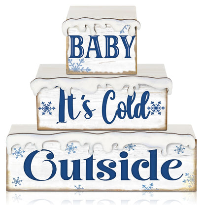 Huquary 3 Pcs Winter Let It Snow Tiered Tray Decor Table Sign Winter Theme Wood Decorations Centerpiece Decor for Party Gift Desk(Snow Style)