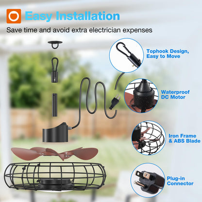 addlon 20 Inch Outdoor Ceiling Fan with Light for Patio, IP65 Waterproof Plug in Caged Hanging Fan, Remote Control, 3 CCT, 6 Speeds Reversible Outdoor Fan for Gazebo, Pergola, Porch