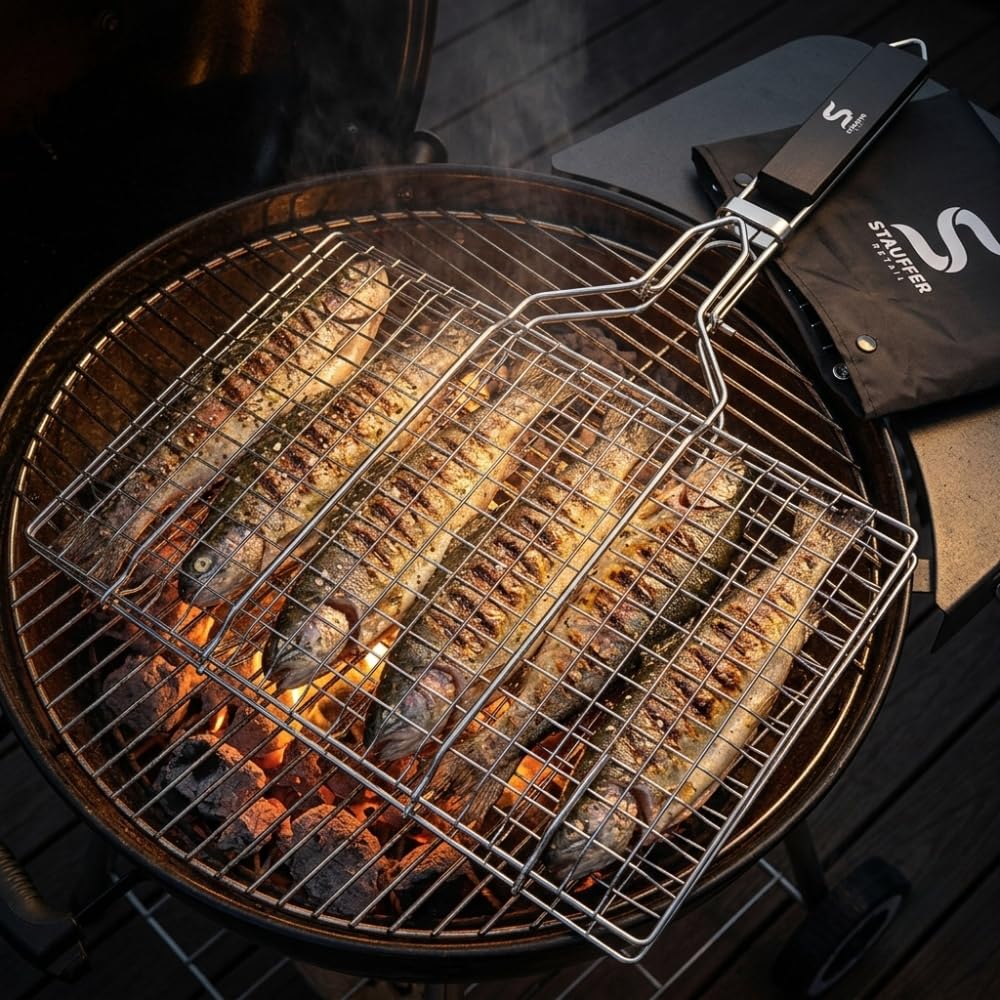 BBQ Grill Basket for Outdoor Cooking, Stainless Steel Fish Basket with Detachable Heat Resistant Handle, Lockable Design for Vegetables Shrimp Meat, Camping Cooking Rack, Grilling Accessories