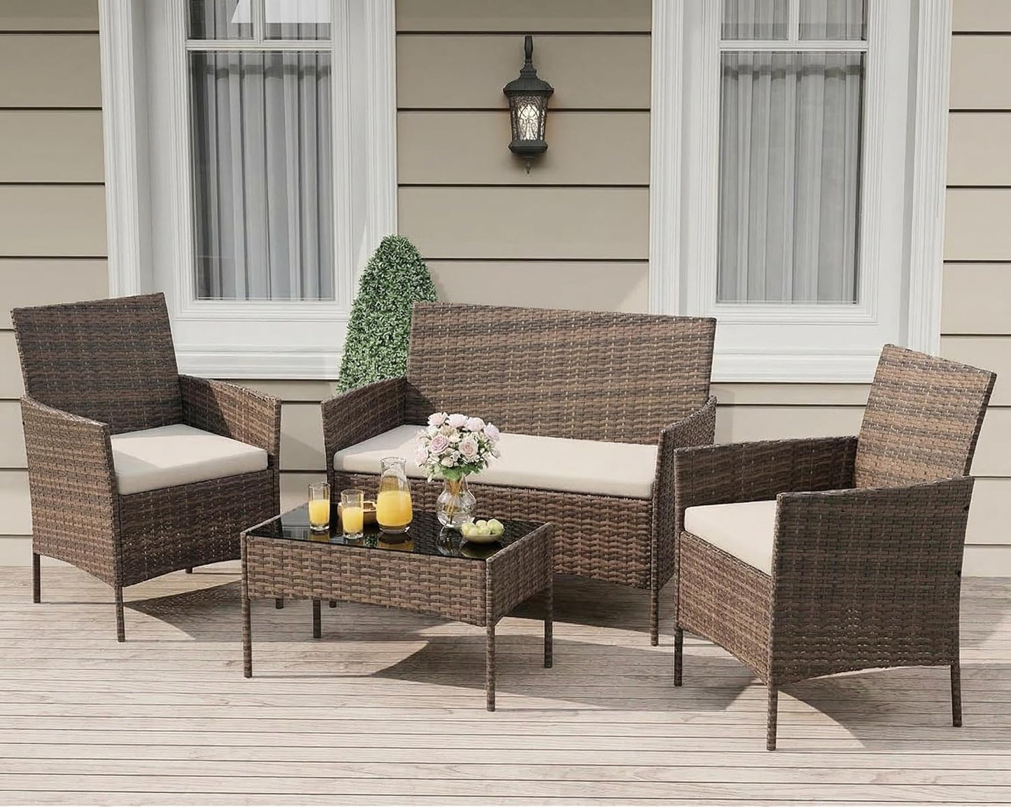 MilleLoom 4-Piece Outdoor Furniture Set, PE Rattan Wicker Chairs with Soft Cushions & Tempered Glass Coffee Table - All-Weather Patio Set for Garden, Backyard, Porch, Poolside (Gradient Brown/Beige)