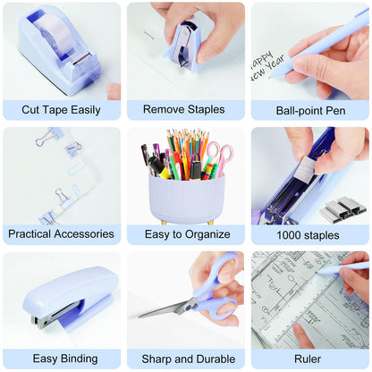 Gawsey Blue Desk Organizers and Accessories Set with 360-Degree Rotating Pen Holder, Tape Dispenser, Stapler, Staple Remover, 1000 Staples, Tape, Clips Set, Ruler, Scissor, Pen
