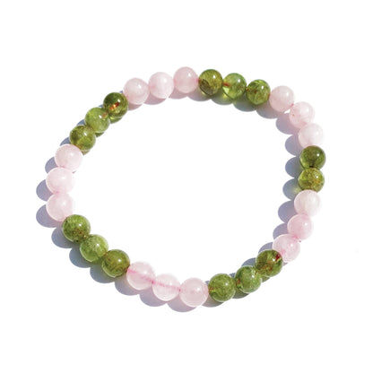 Joyfulmuze Handmade Stretch Bracelet Rose Quartz and Peridot, Natural Green Pink Stone, Simple Genuine Beaded Stretch Cuff 8mm, Healing Chakra Bracelet, Gifts for Women. 6.5-7 inch Wrist
