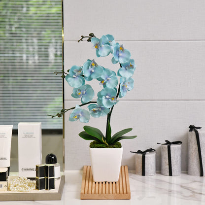 YSZL 15 Inches Tall Artificial Silk Phalaenopsis Orchid Flower Plant Pot Teal Arrangements (Golden Blue)