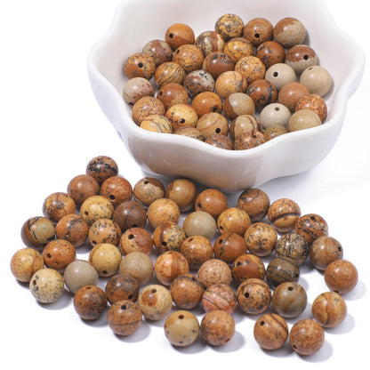 NITOPUPU 100Pcs 10mm Natural Smooth Picture Jasper Gemstone Beads Round Loose Stone Beads for Jewerly Making with Crystal Stretch Cord
