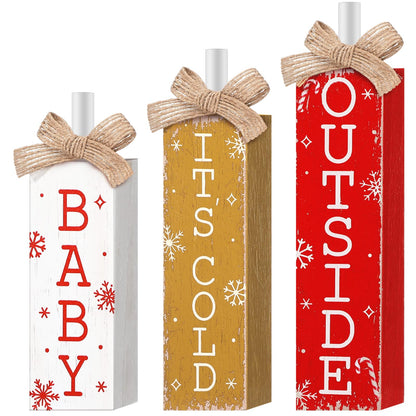 Cinnvoice 3 Pcs Christmas Table Decorations Winter Tiered Tray Decor Rustic Farmhouse Christmas Wooden Block Sign and Centerpieces for Xmas Winter Home Kitchen Mantel Shelf Decor(It's Cold Outside)