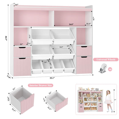 HORSTORS 55" W Toy Storage Organizer with Drawers, Large Kids Toy Storage Box with Removable Bins, Tall Kids Bookshelf and Bookcase for Boys and Girls, Modern Toy Chest for Playroom, Classroom, Pink