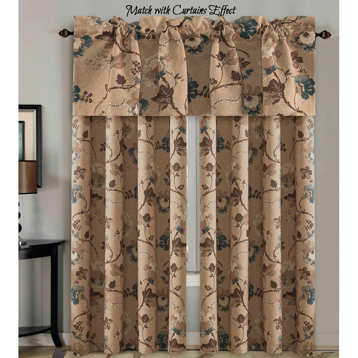 H.VERSAILTEX Blackout Curtain Valances for Kitchen Window/Living Room/Bathroom Privacy Added Rod Pocket Home Decoration Winow Valance, 52" W x 18" L, Floral in Brown and Blue
