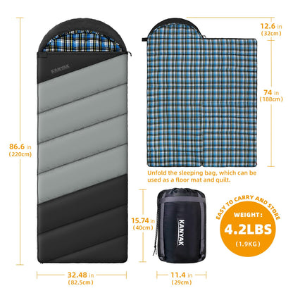 Cotton Flannel Liner Sleeping Bag for Adults Teens Kids, Cold Weather & Warm, 3 Seasons, Lightweight Compact Camping Essentials Equipment, Hiking, Outdoor, Travel (Bias) (Black Grey)