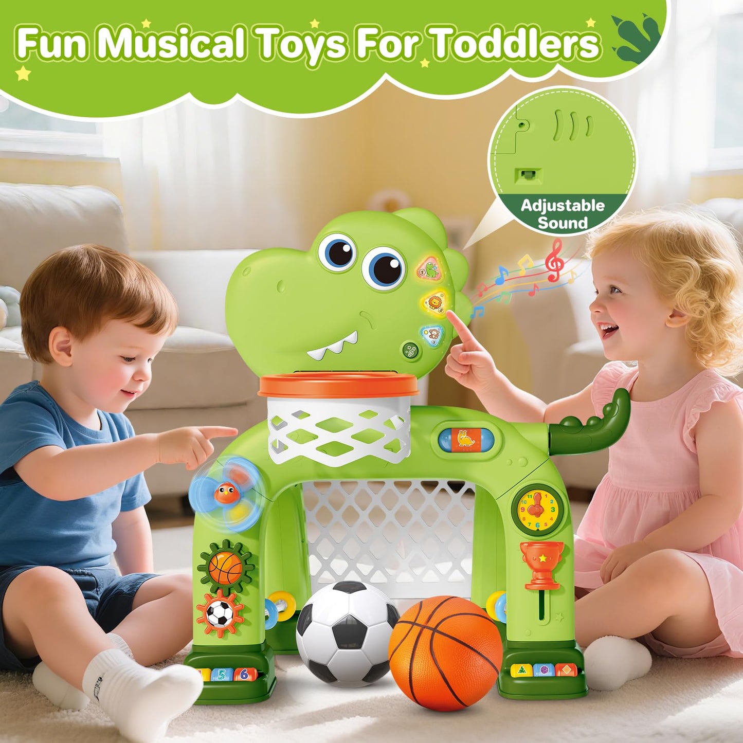 AuroTops Toddler Basketball Hoop & Soccer Goal Toy,Dinosaur Toys with Light & Music,Musical Toys for 1 Year Old Boy Girl Learning Toy for Toddlers 1-3 Birthday Gifts for 1 Year Old Boys