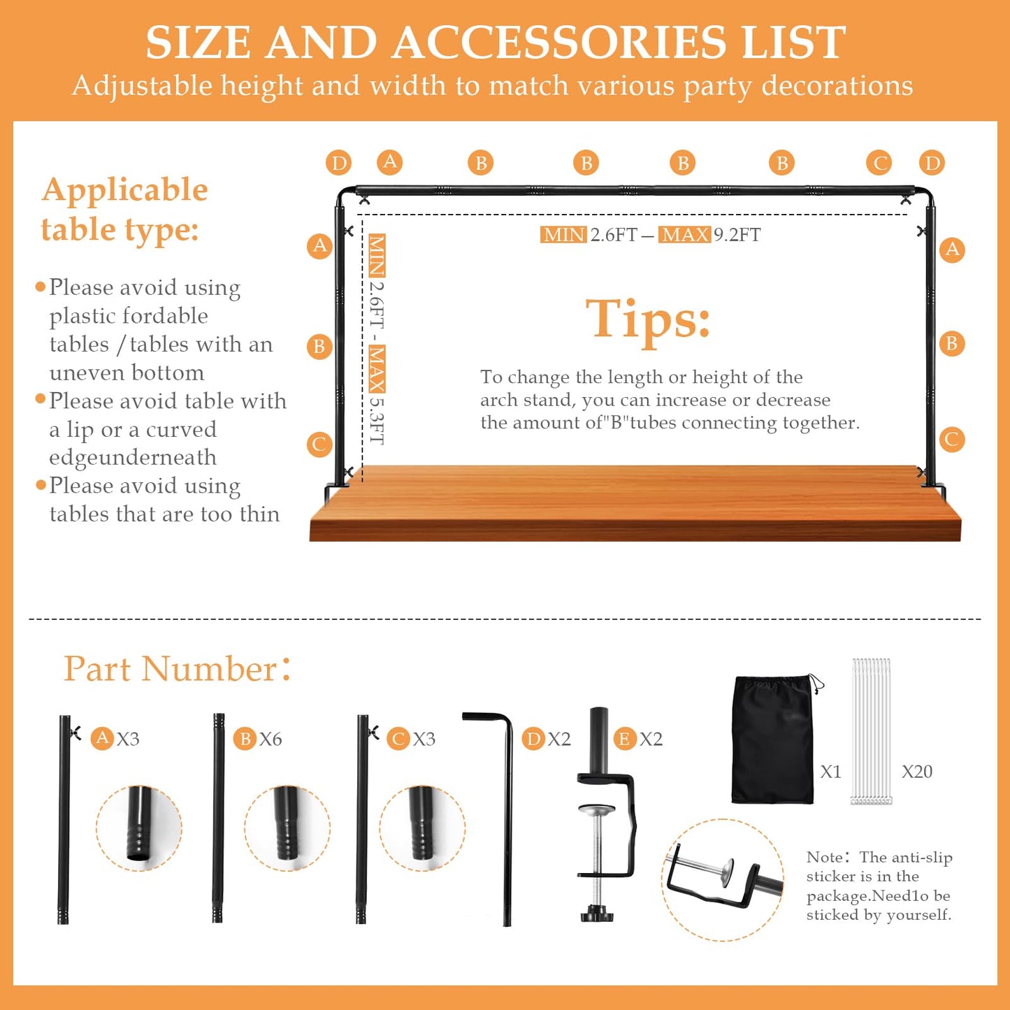 Over The Table Rod Stand with Clamps Adjustable 31"-110'' Length 31"-64" Height Table Balloon Arch Stand with Storage Bag Metal Decorating Rod for Table Hanging