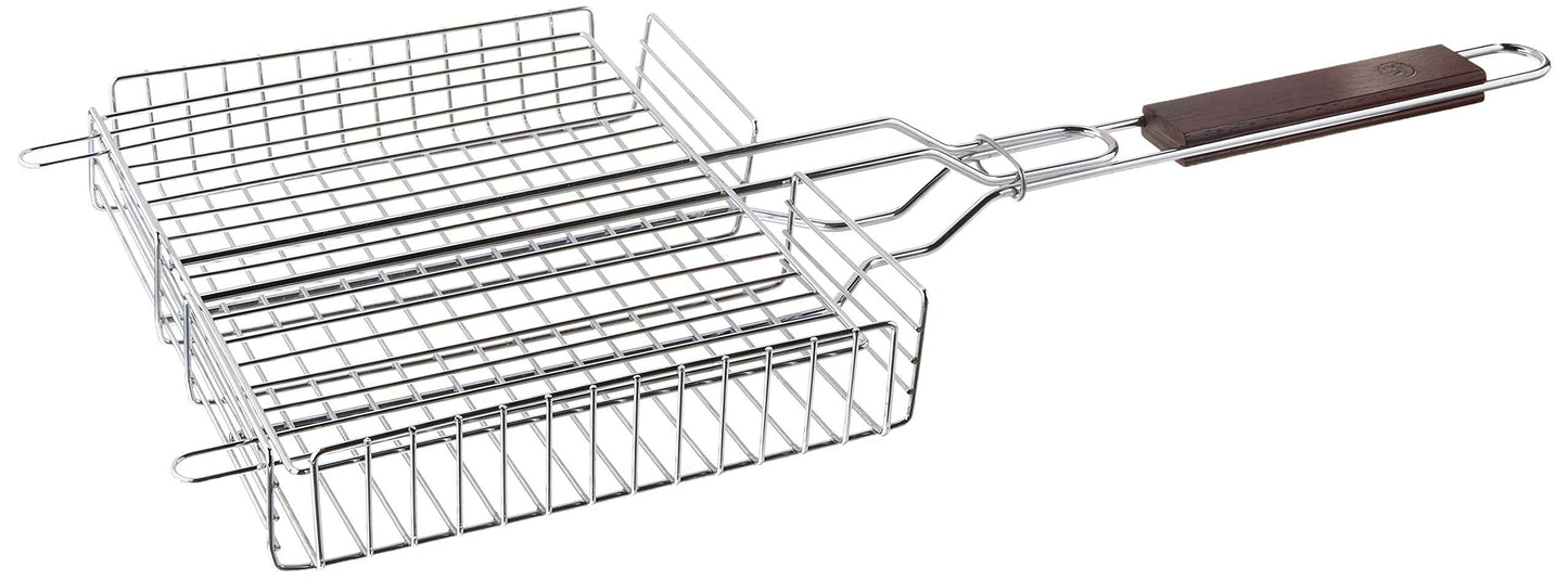 Outset Rosewood Handle Grill Basket, Fish and Vegetable Grill Basket, Chrome