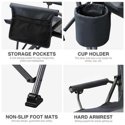 EVER ADVANCED Oversized Folding Camping Chair, for Adults Heavy Duty Lawn Chair with Side Pockets, Portable Collapsible Quad Chair for Outside, Support Up to 500lbs, Grey