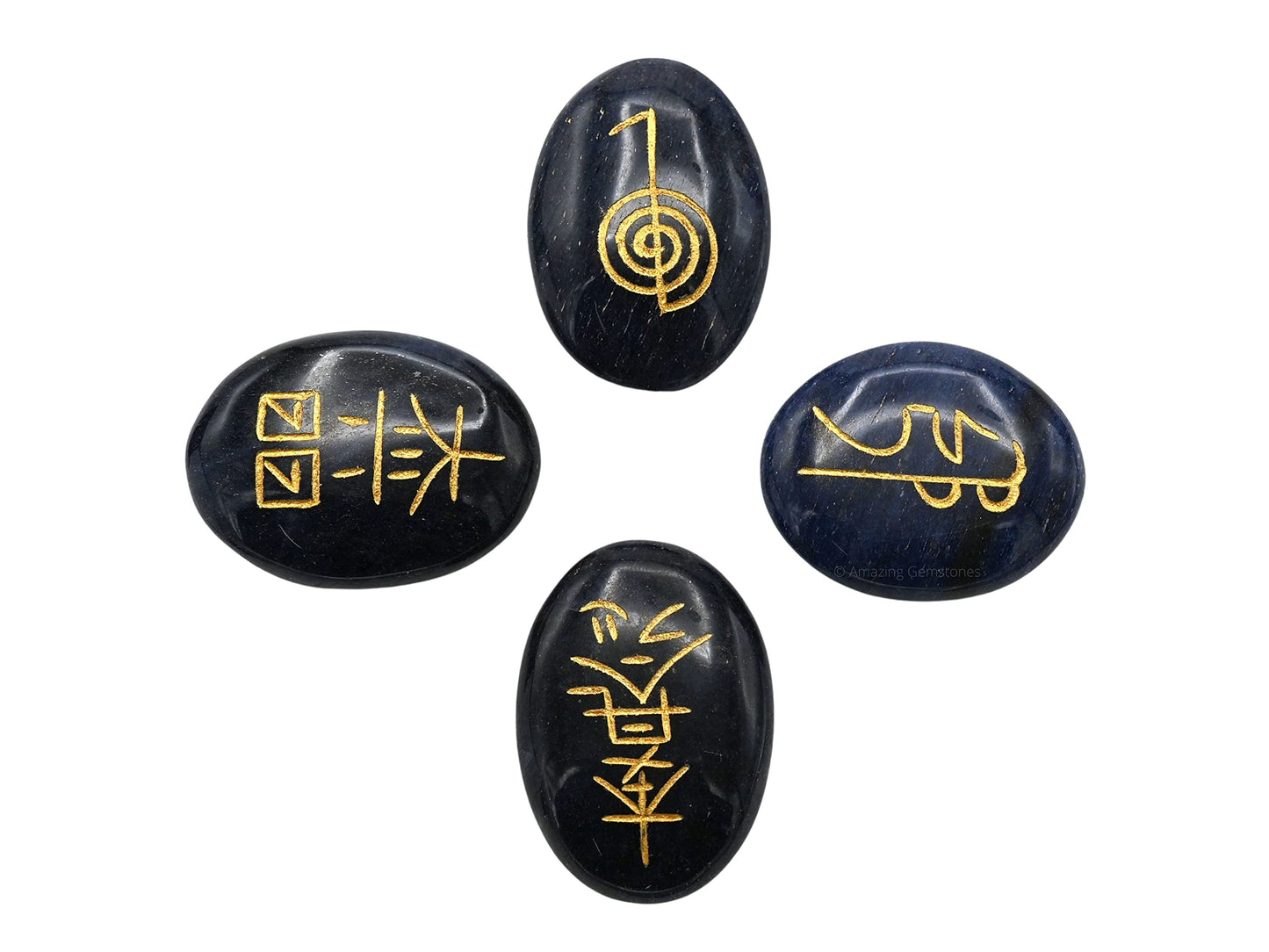 Amazing Gemstone Blue Aventurine Crystal Reiki Stones with Engraved Symbols for Usui Reiki Healing, Set of 4 Pcs (Indian Handmade Reiki Gift Set)