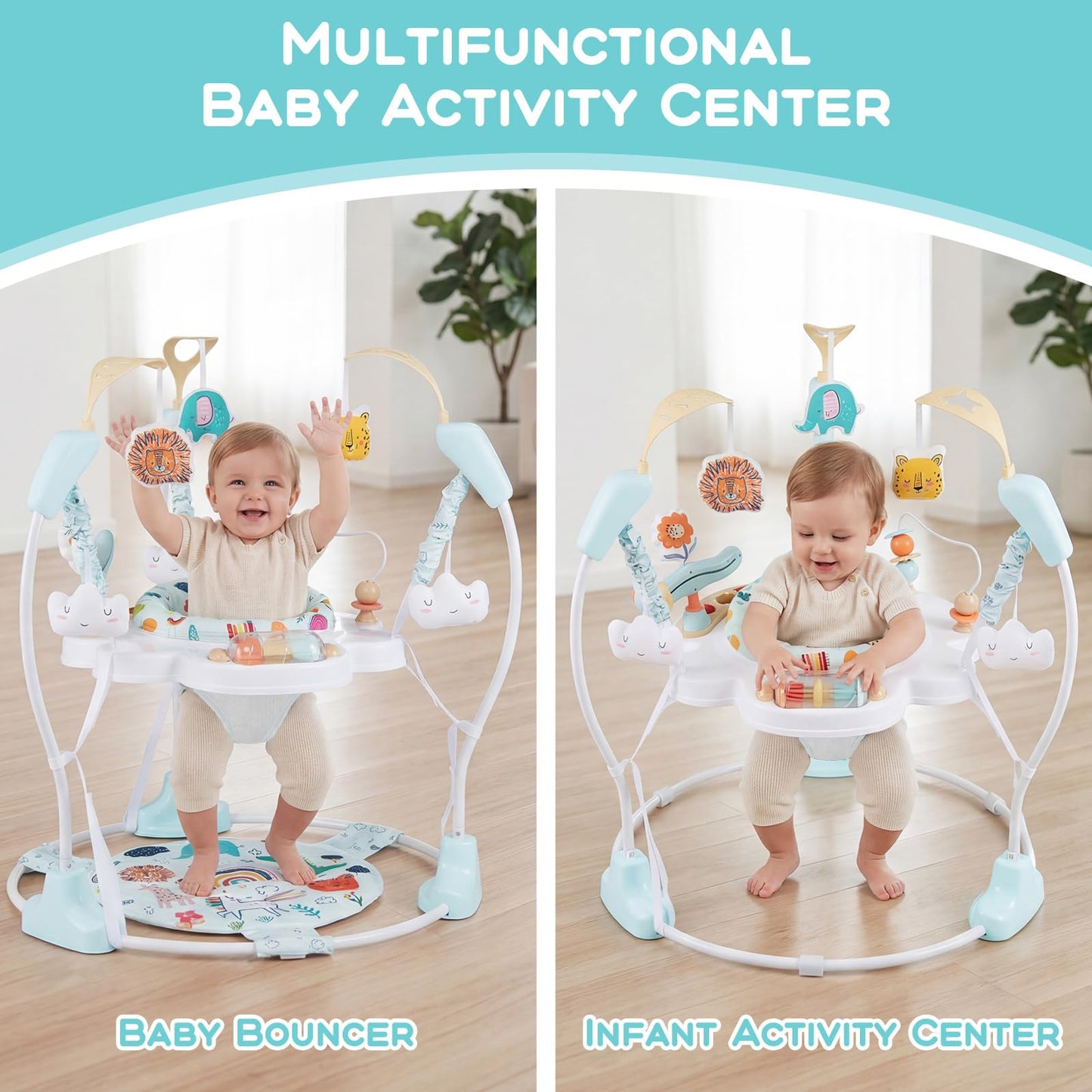 INFANS Baby Activity Center, 3 in 1 Play Center Jumpers and Bouncers with Music, Lights, Interactive Toys, 360°Rotating Seat, Adjustable Heights, Exersaucer Learning Toys for 6-12 Months (Light Blue)