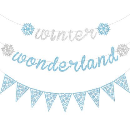 Gersoniel 3 Pack Winter Snowflake Wonderland Banner Snowflake Garland Christmas Hanging Decorations for Winter Christmas New Year Wonderland Party Supplies Home Mantle Office Decorations(Blue, Silver)