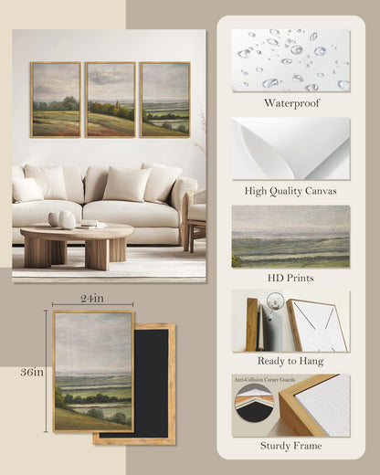 SHENIFY Extra Large Vintage Framed Wall Art White Clouds Over Vast Grassland Landscape Painting Retro Meadow Scenery Farmhouse Bedroom Above of Bed Living Room Deco - 24x36in3pcs Natural Framedr