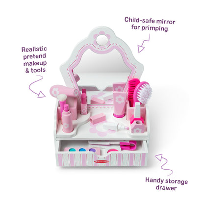 Melissa & Doug Wooden Beauty Salon Play Set, 18-Piece Vanity with Pretend Play Toys, Makeup, Mirror, Accessories & More, Preschool Toys for Girls & Boys Ages 3+ - FSC Certified