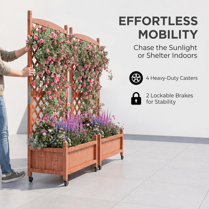 ActiveTrail 2 PCS Raised Garden Bed with Trellis, 61.5" Wooden Planter Box Outdoor with Drainage Holes and Locking Wheels, Privacy Planters for Patio, Climbing Plants, Vegetables, Balcony & Yard