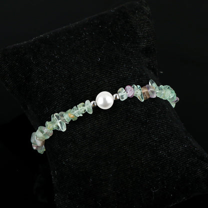 CRYSTALIS Natural Multi-Color Fluorite Beads Slider Bolo Bracelet with Elegant Pearl, Uncut Chips Nuggets Crystals, Chakra Healing Gemstone, Women Jewelry, 925 Sterling Silver Slider 10 inch
