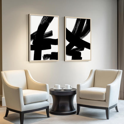 2Pcs Framed Black and White Abstract Thick lines Wall Art Canvas Prints Modern Minimalist Gallery Picture Posters Brush Stroke Wall Decor Living Room Bedroom Office 12x16 Inch Ready to Hang