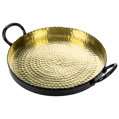 MyGift 12-Inch Black and Gold Metal Round Display Tray – Handcrafted Hammered Design Serving Platter or Tabletop Centerpiece, Handmade in India