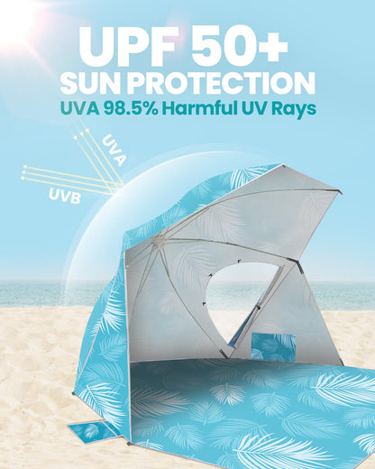 OutdoorMaster Pop Up Beach Umbrella, Portable Tent Shelter, Beach Shade Sun Canopy with UPF 50+ UV Protection, Extendable Floor with Carrying Bag - Blue Feathers