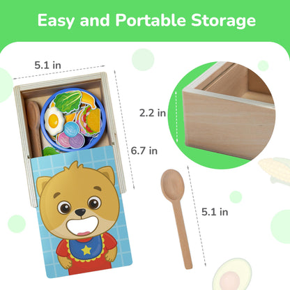 Bimi Boo Wooden Feeding Toy - Montessori Pretend Play Food Set for Toddlers 1-4+ - Fine Motor Skills Scooping Toy for Kids (27 Various Foods, a Spoon, Bowl)