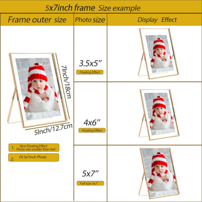 Gold 5x7'' Floating Frame Set of 2, For Photo Sizes (3.5 x5'', 4x 6'' up to 5x7'' ), Beautiful Metal Lace Edge Frames Adjustable Tabletop/Shelf Photo Frame, Classy Gift Choice for Wedding,