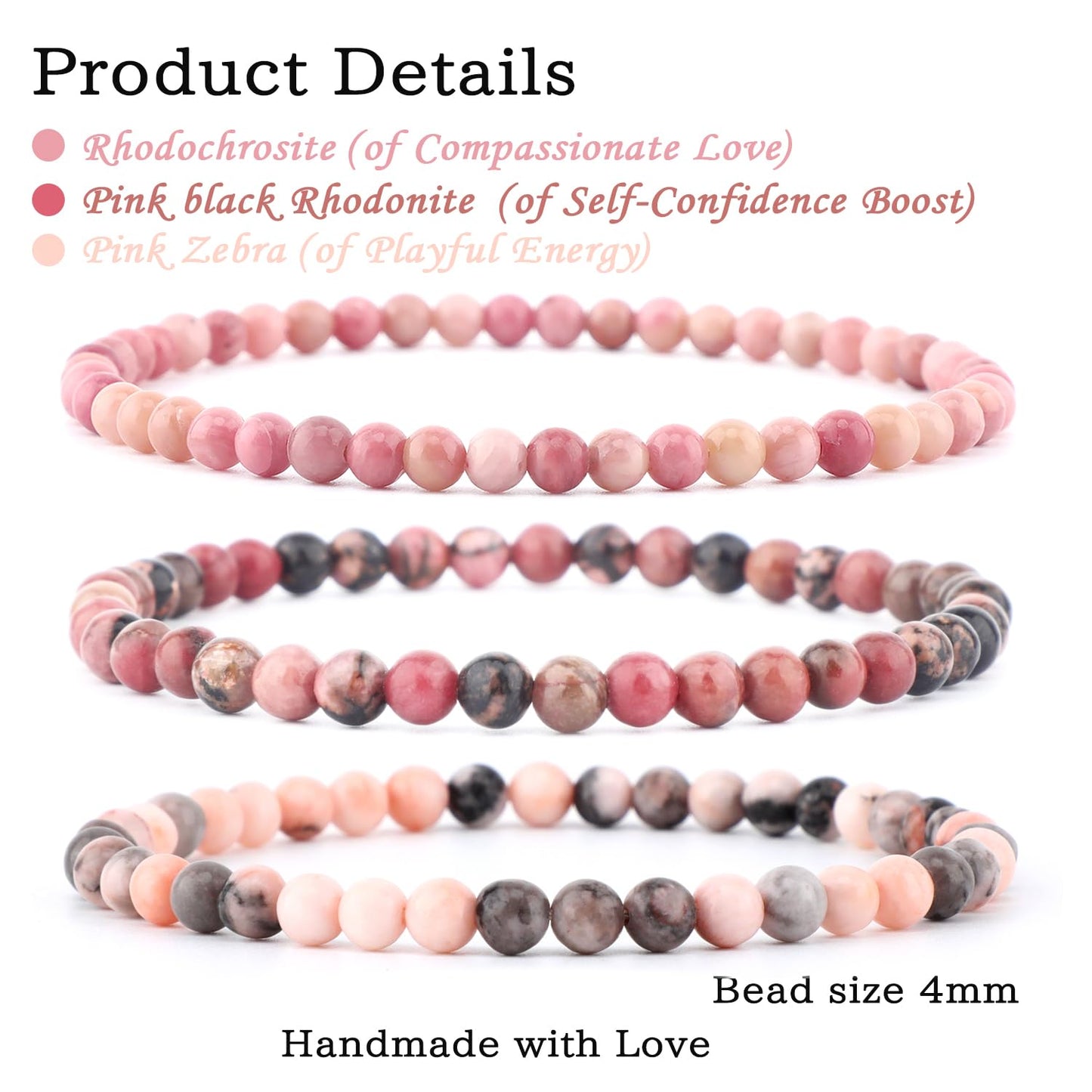 CMBYN 3-Pieces 4mm Natural Crystal Gemstone – ﻿Rhodochrosite, Pink Zebra, Pink Black Rhodonite Handmade Reiki Energy Healing Stretch Bracelets Jewelry for Yoga, Meditation, Unisex