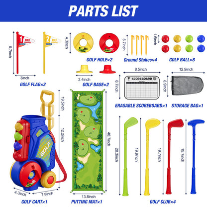 HYES Toddler Golf Set 2-4 Years, Kids Golf Club with 8 Balls, 4 Plastic Clubs, Putting Mat, Scoreboard, Storage Bag, Indoor Outdoor Game with Golf Cart Sport Toy Gift for Baby Boys Girls Age 3-5, Blue