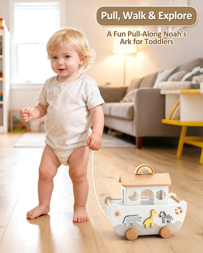 WoodsyJoy Wooden Noah’s Ark Toy for Toddlers 1-3, Baptism Christening Gifts for Boys Girls, Christian Toy Animal Shape Sorter, Baby Birthday