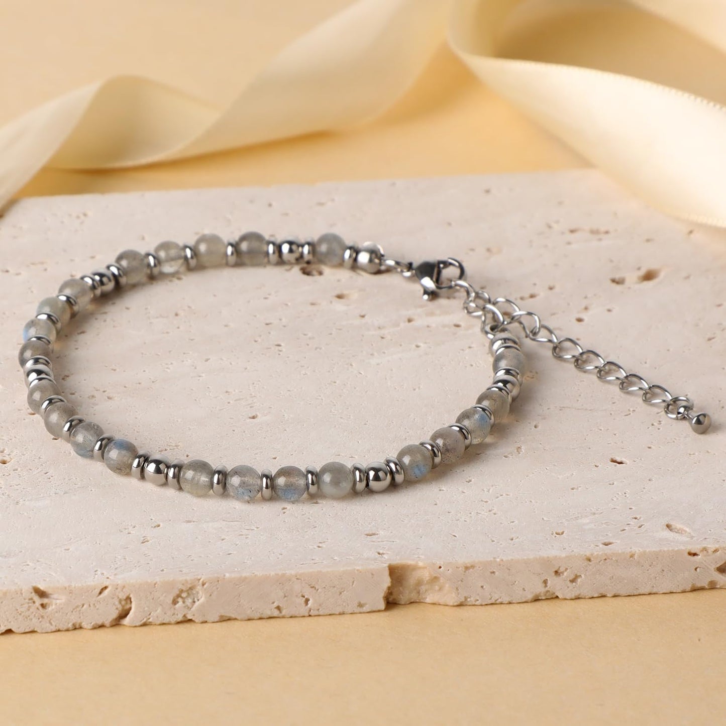4mm Labradorite Tiny Beaded Bracelets For Women, Energy Gem Charm Jewelry Adjustable Bracelet Gifts for Mom, Daughter, Wife, Coworkers, Friends, Bestie