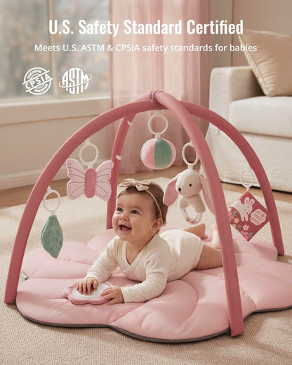 Blissful Diary Baby Play Gym Mat, Tummy Time with 6 Detachable Toys for Sensory & Motor Skill Development, Baby Activity Mat for Girl Boy Newborn Essentials Shower Gift, Pink Floral